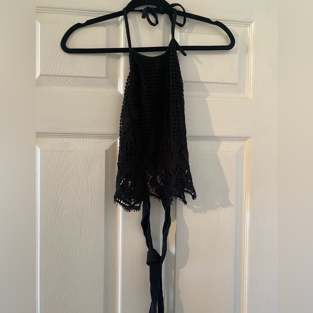 Express XS lace halter tank with open back and tie closure